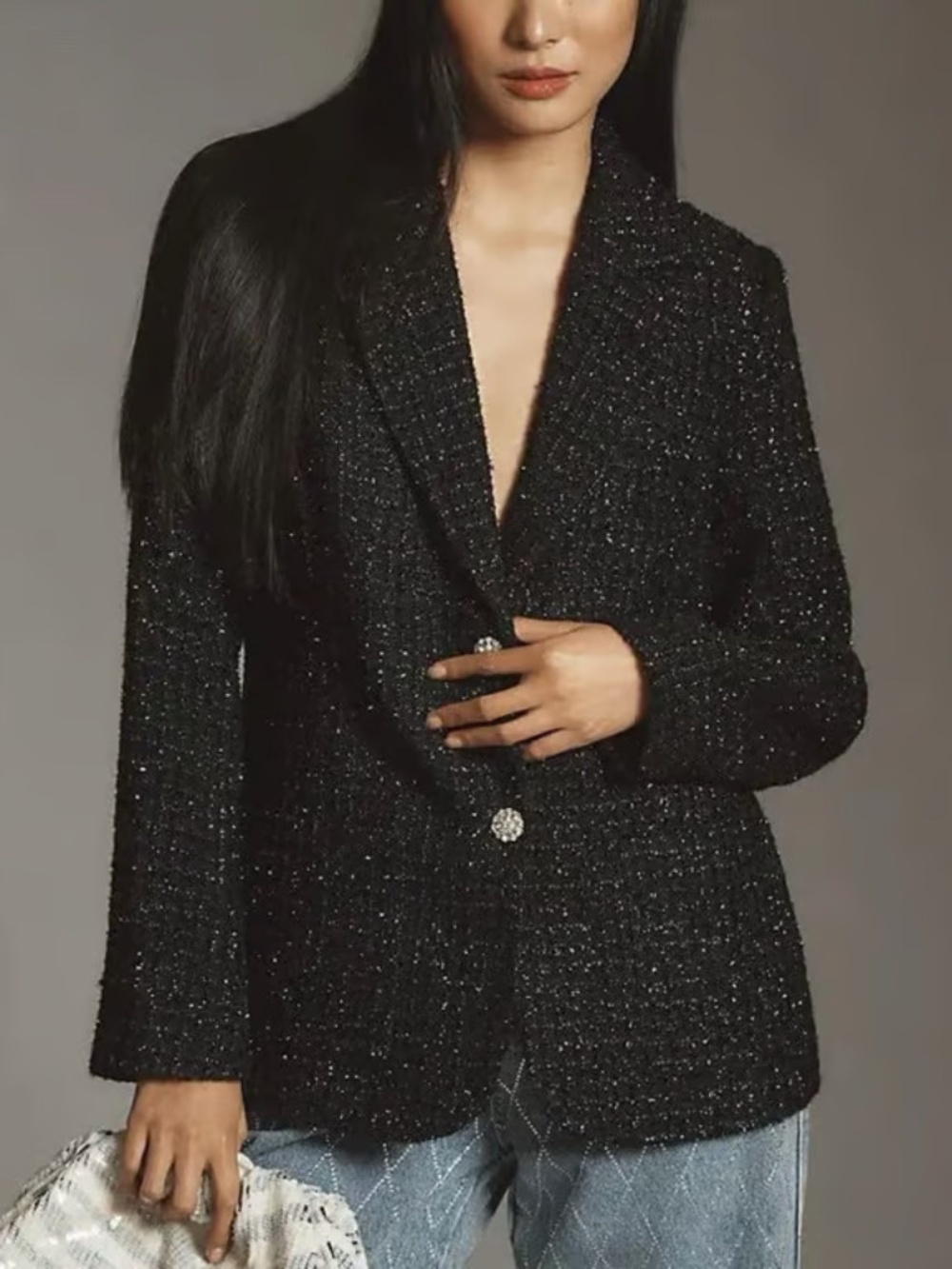 NWT Anthropologie Mare Mare Sparkle Tweed Blazer Women's M Black
